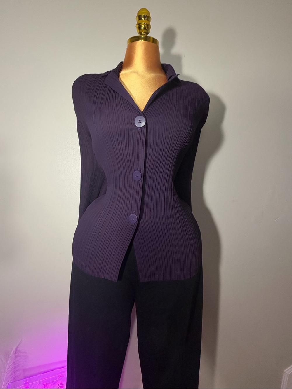 Wide-Leg Black Pants with Plum Button-Front Top